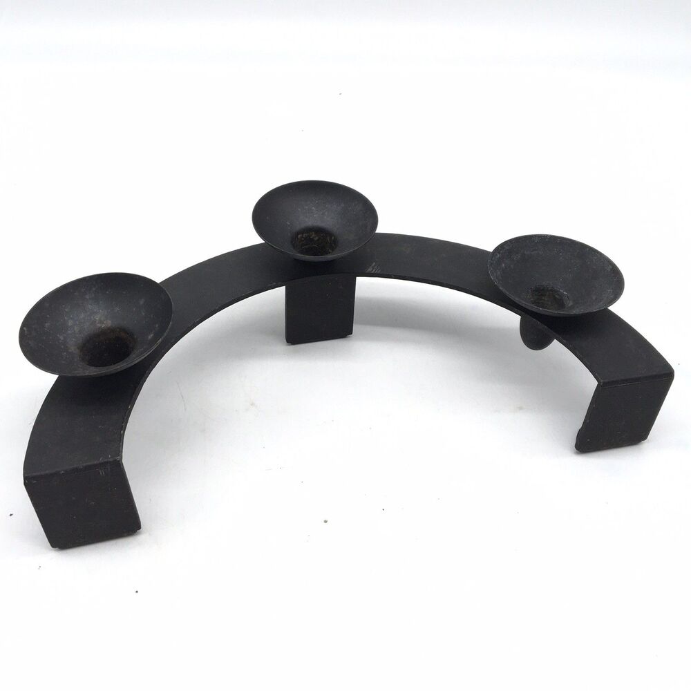 Vtg Modernist 3 Taper Candle Candelabra  Holder Wrought Iron 12”L